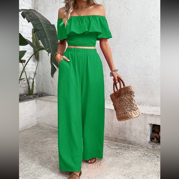 Boho off shoulder crop top and wide leg pants